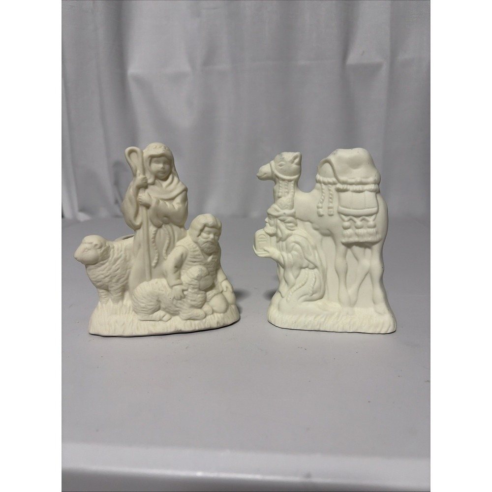 2 Partylite O Holy Night Shepherd and Wiseman Tea Light Holders Bisque Porcelain
